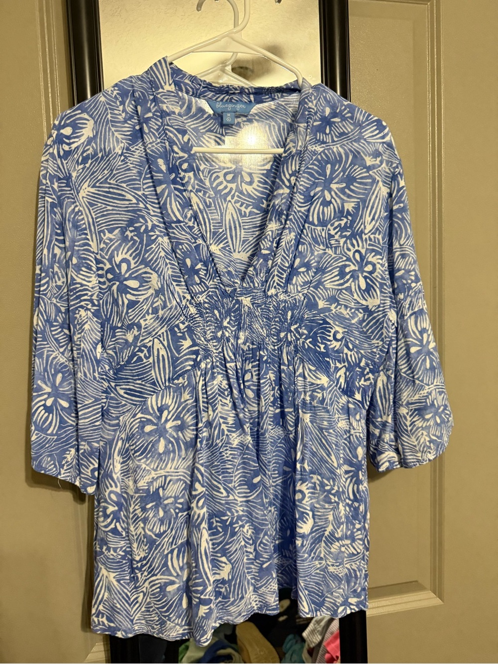 blue ginger  Blue and White Floral V-Neck Blouse